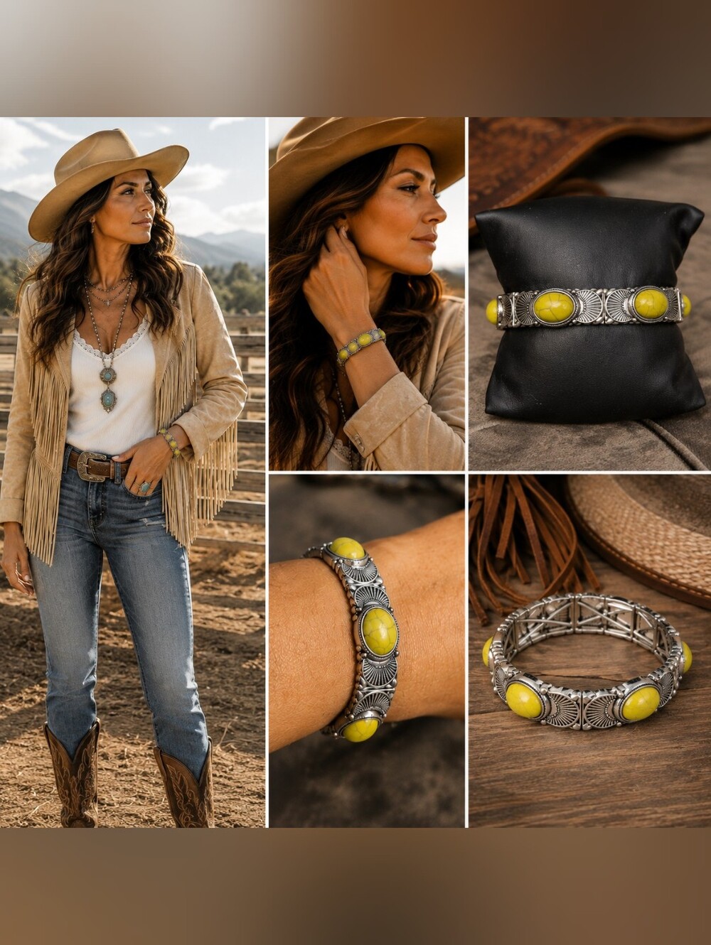 Silver Stretch Bracelet with Lime Green Marble Stone Accents | Western Boho